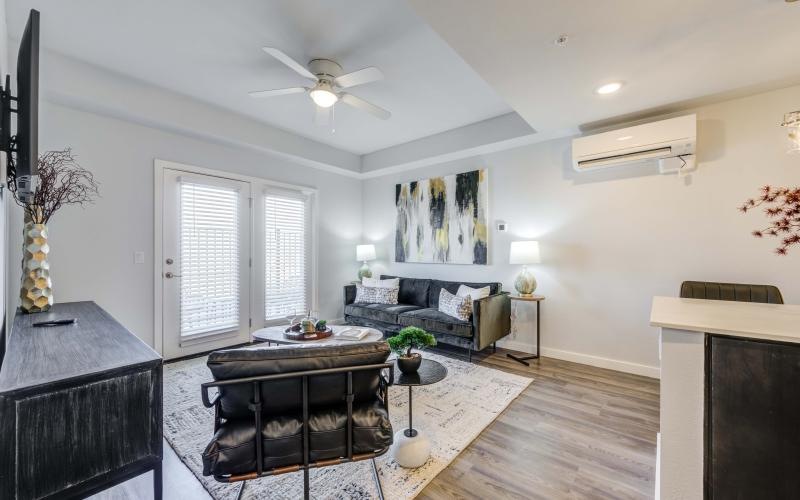 a living room with a large rug