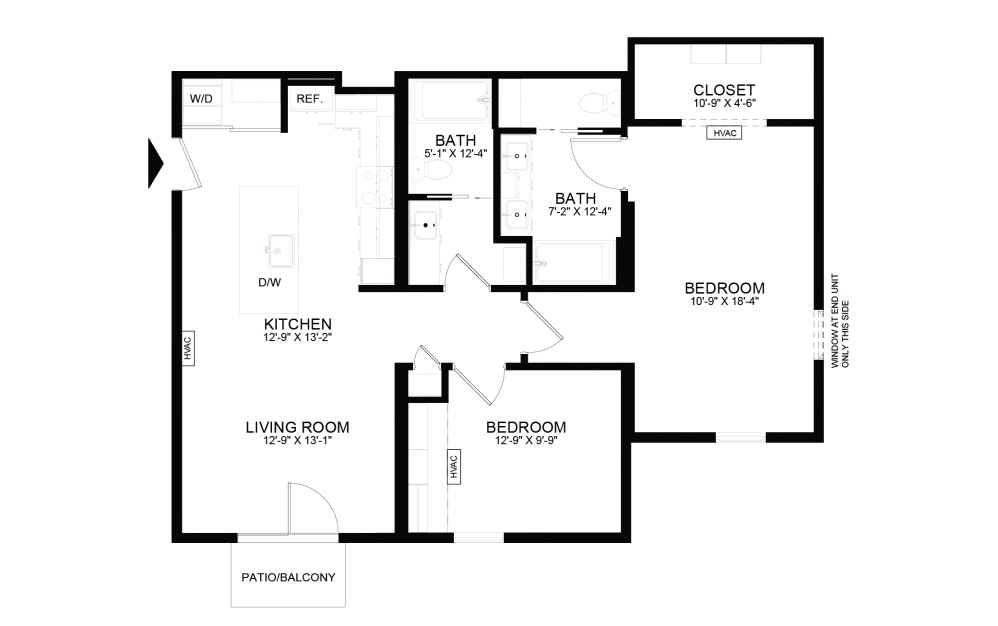 B1 - 2 bedroom floorplan layout with 2 bathrooms and 973 - 979 square feet B1 - 2 bedroom floorplan layout with 2 bathrooms and 973 - 979 square feet