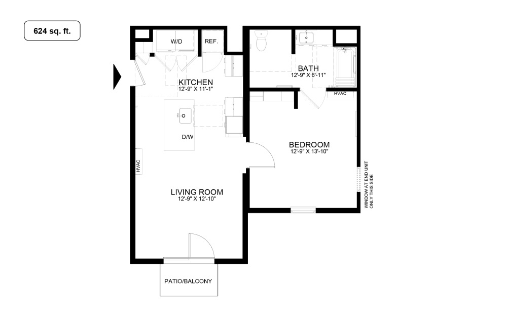 1 Bedrooms - 1 bedroom floorplan layout with 1 bathroom and 624 - 626 square feet (624 sq. ft.
)