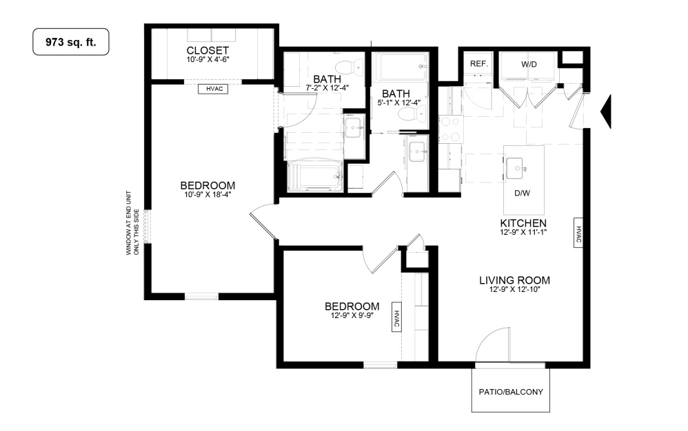 B1 - 2 bedroom floorplan layout with 2 bathrooms and 973 - 979 square feet (Floor 1)