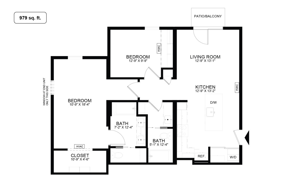 B1 - 2 bedroom floorplan layout with 2 bathrooms and 973 - 979 square feet (Floor 2)
